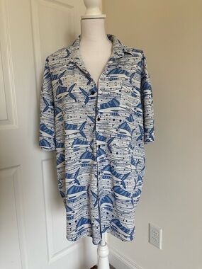 Men's Casual Blue & White Button-Down Shirt - Nautical Print